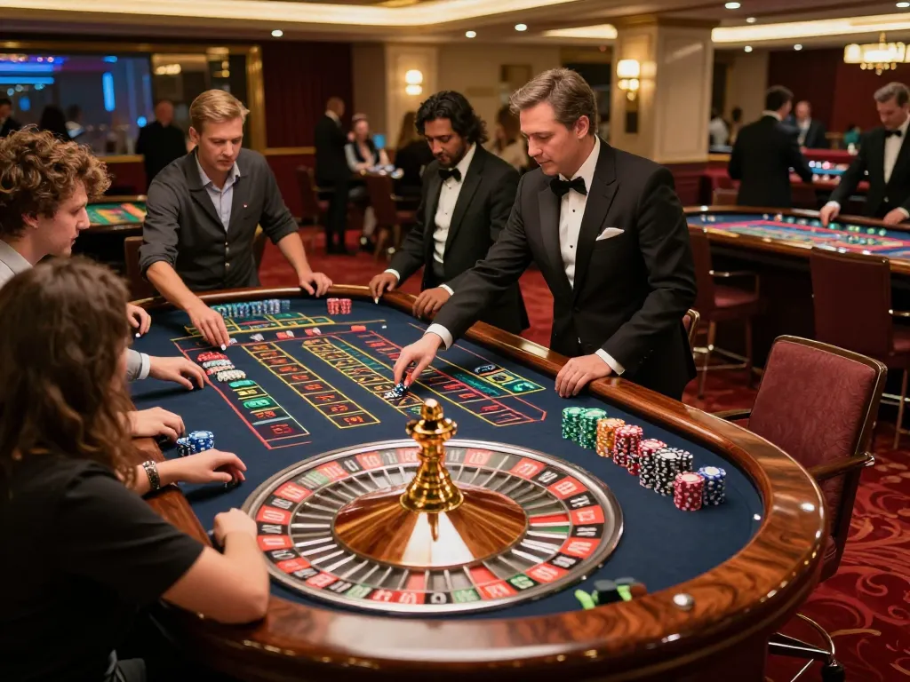Fabet players engaged in an exciting roulette game at a luxury casino table, vibrant chips in action.