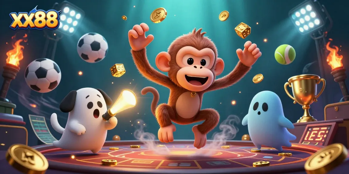 Engage in thrilling gaming adventures at xx88 with a lively scene of a mischievous monkey and a ghost-hunter pup.