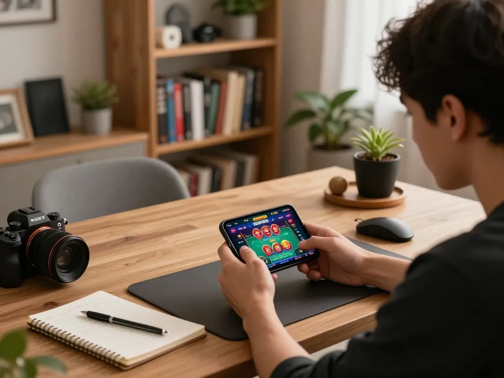 Experiencing KK Vin's mobile casino app with a smartphone in a cozy home setting.