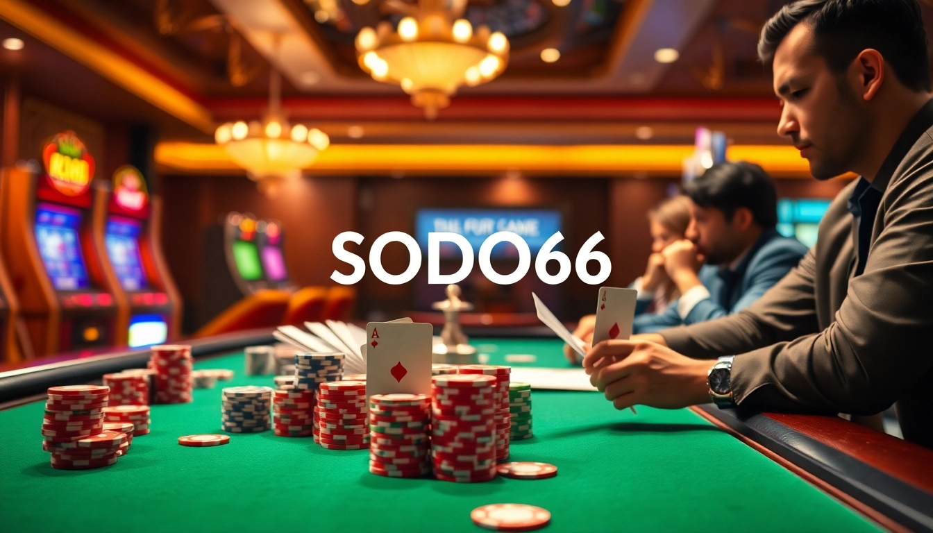 SODO66 engages players with vibrant casino action at a stylish poker table filled with chips and cards.