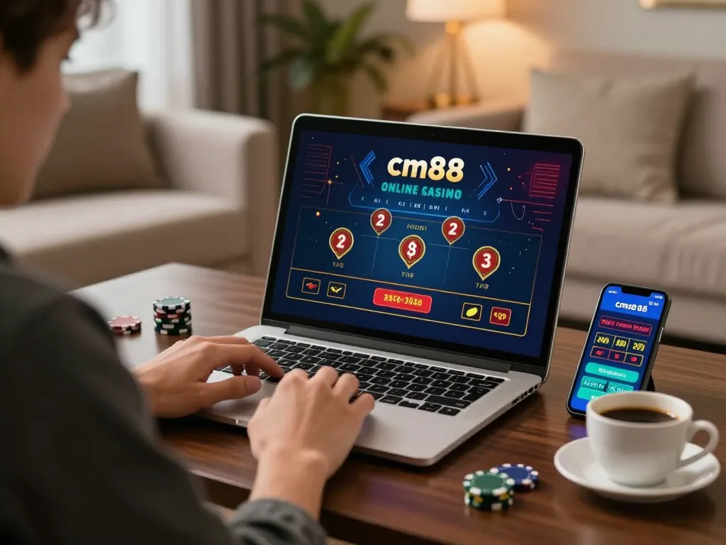 Player enjoying cm88 online casino gaming with live dealer on laptop in cozy home setting.