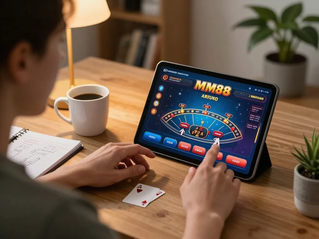 Engaging in mm88 online casino games at home, player intensely strategizing on tablet.