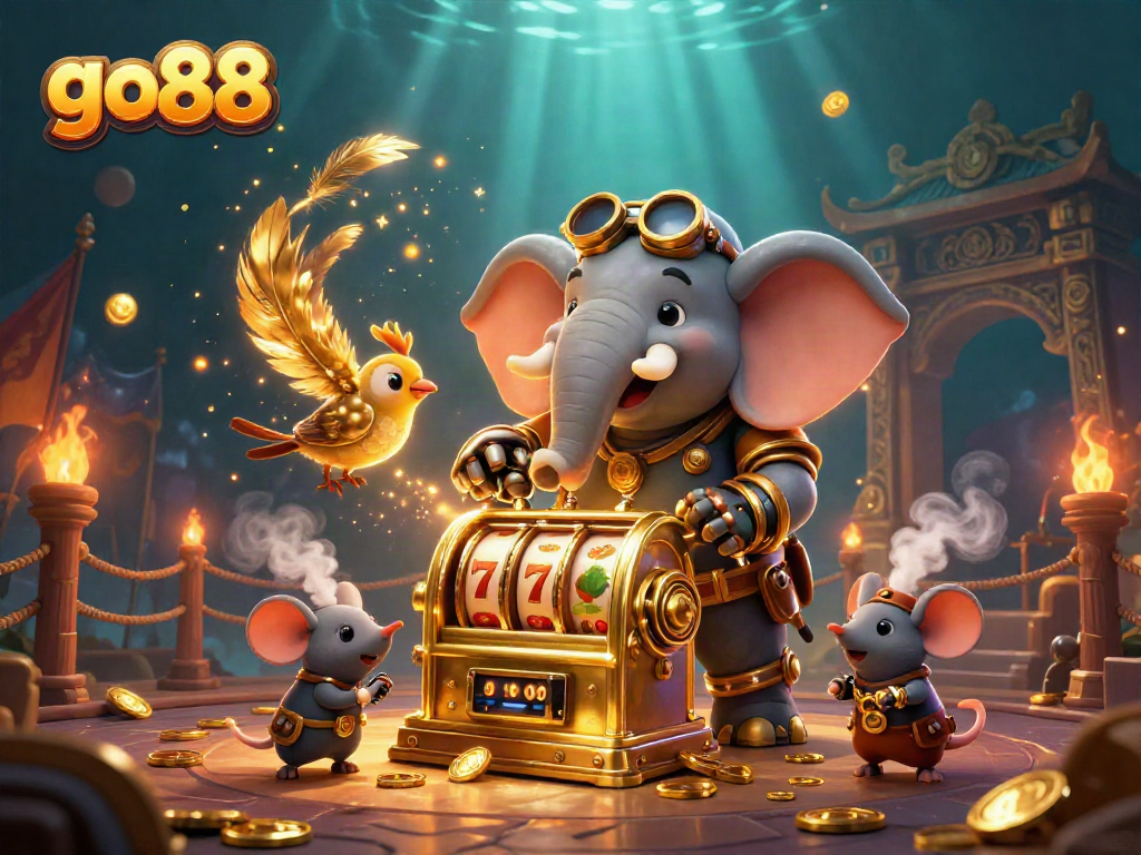 Engage with go88's vibrant gaming atmosphere as a steampunk elephant operates a golden slot machine surrounded by dynamic elements.
