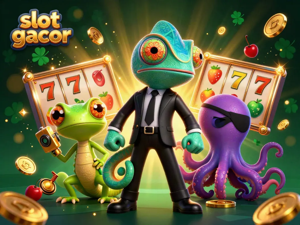 Experience the excitement of slot gacor with a vibrant illustration featuring a chameleon secret agent and shiny slot elements.