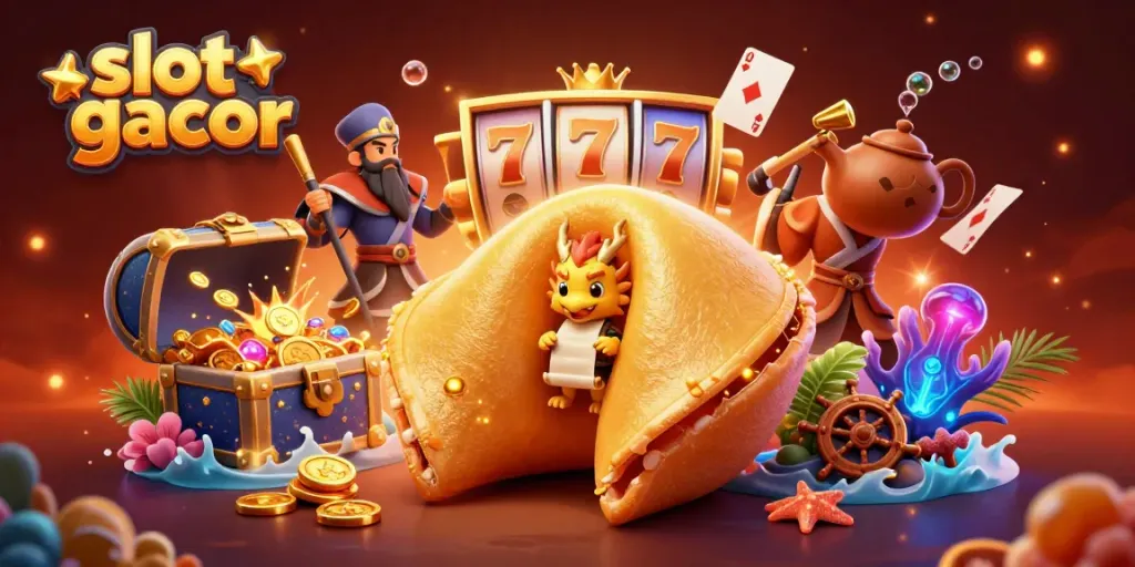 Visualisasi slot gacor dengan karakter unik dan elemen kasino seperti gulungan slot dan koin emas.