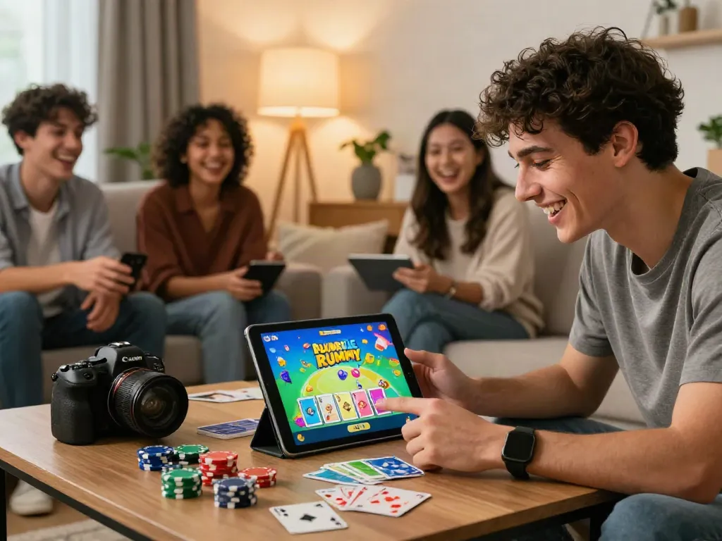 Engaging young adult playing Rumble Rummy on a tablet in a cozy living room.