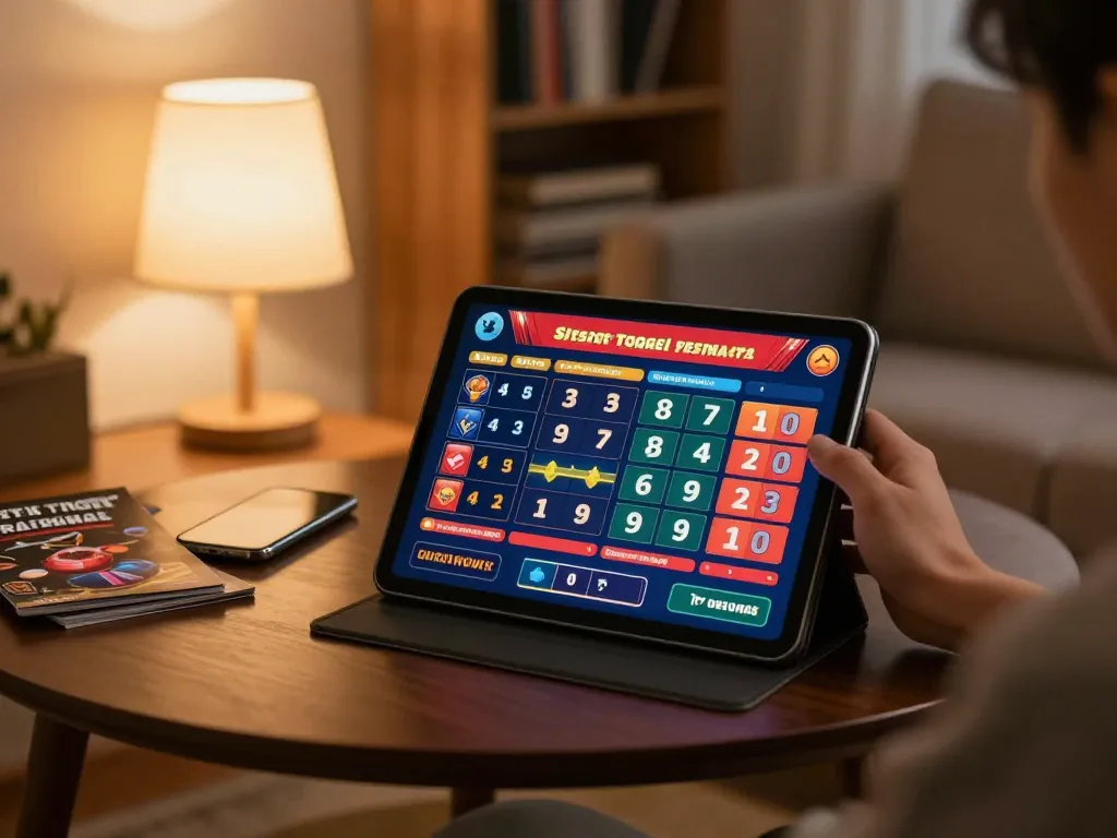Permainan situs togel di tablet dalam lingkungan rumah yang nyaman, menunjukkan antarmuka taruhan.
