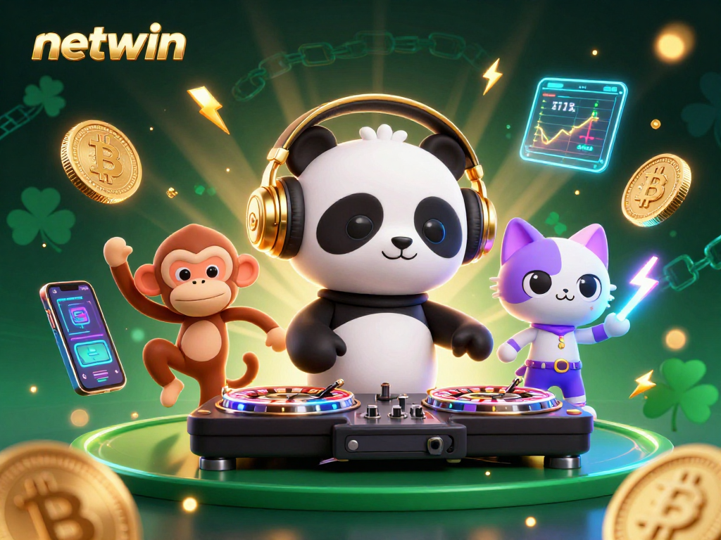 Experience exciting games with netwin in a vibrant casino-themed 3D scene featuring fun characters.