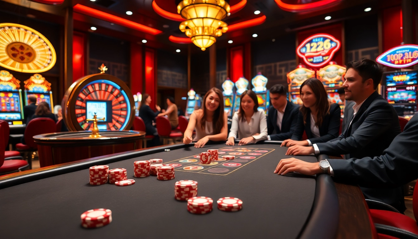 Experience the excitement of gambling at 123b.ing with vibrant poker chips and slot machines.