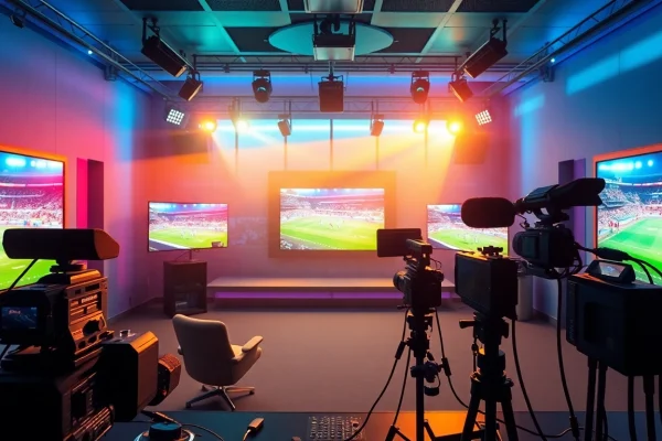 Engaging image showcasing sports broadcasting with vibrant visuals and dynamic studio equipment.