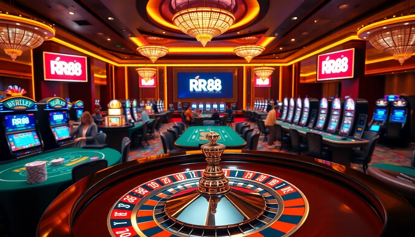 Engage in high-stakes gaming at RR 88 with dynamic casino visuals featuring poker tables and roulette wheels.