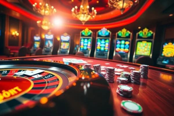 Experience the thrill of gaming with shbet com's vibrant casino atmosphere featuring roulette wheels and slot machines.