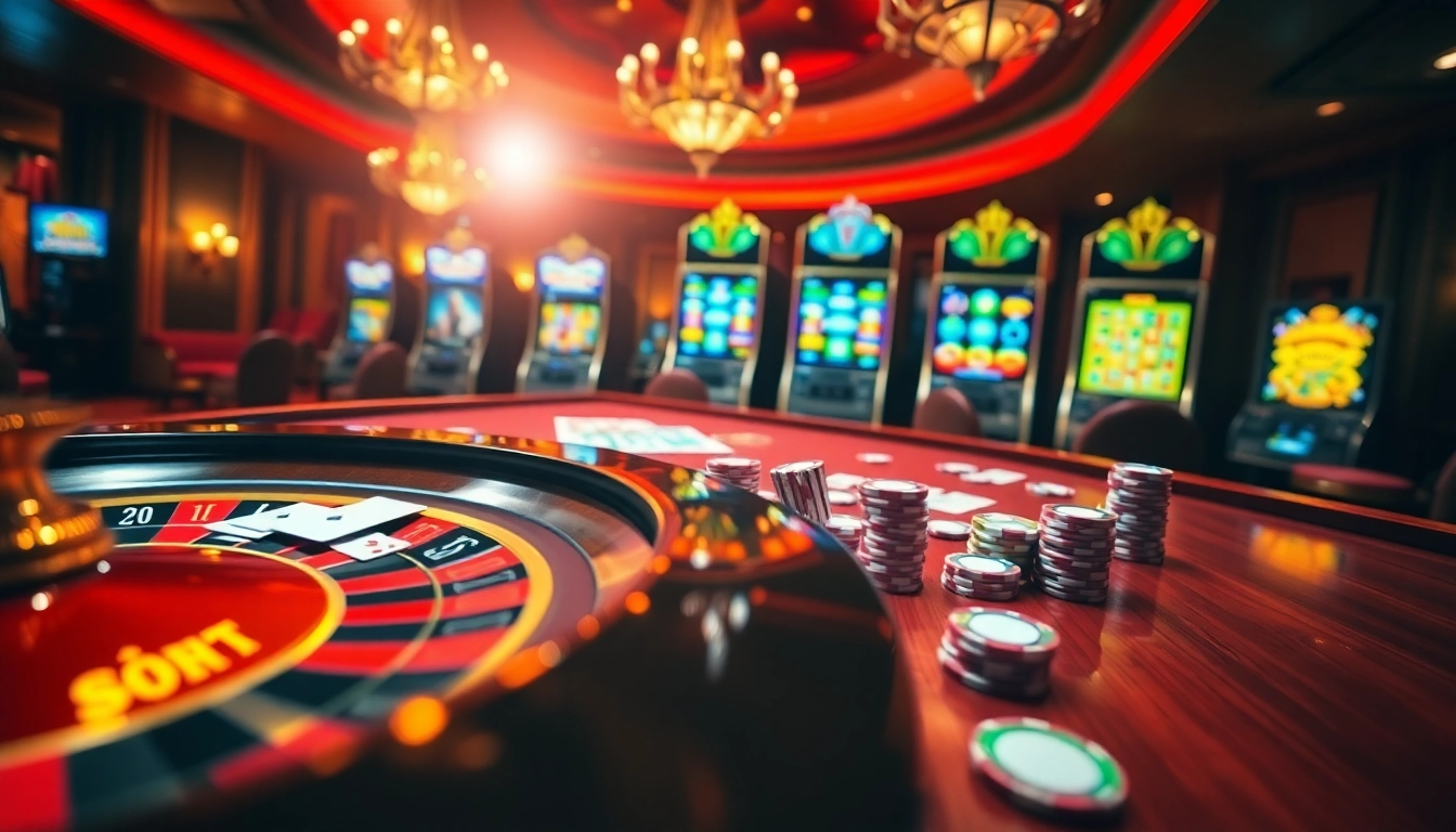 Experience the thrill of gaming with shbet com's vibrant casino atmosphere featuring roulette wheels and slot machines.