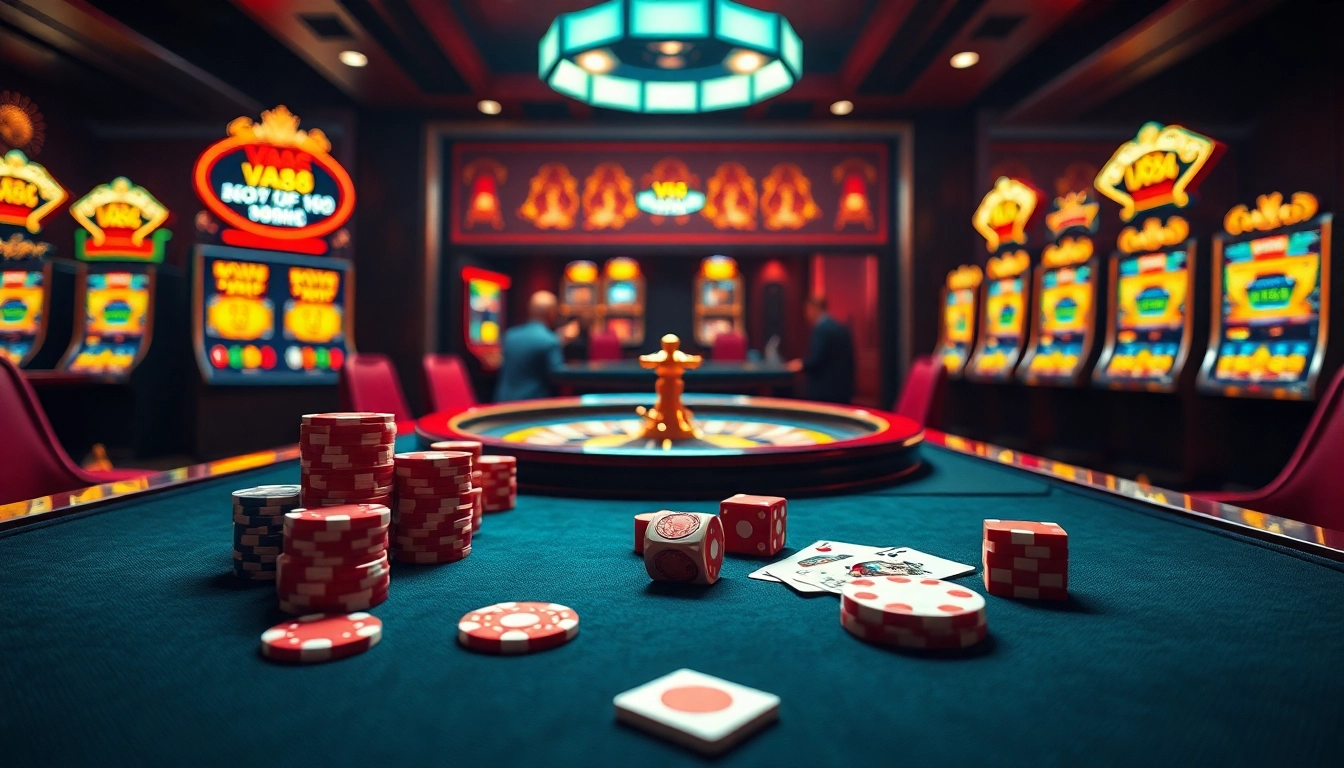 Experience the thrill of VA88 online gambling with vibrant poker chips and a glowing roulette wheel.