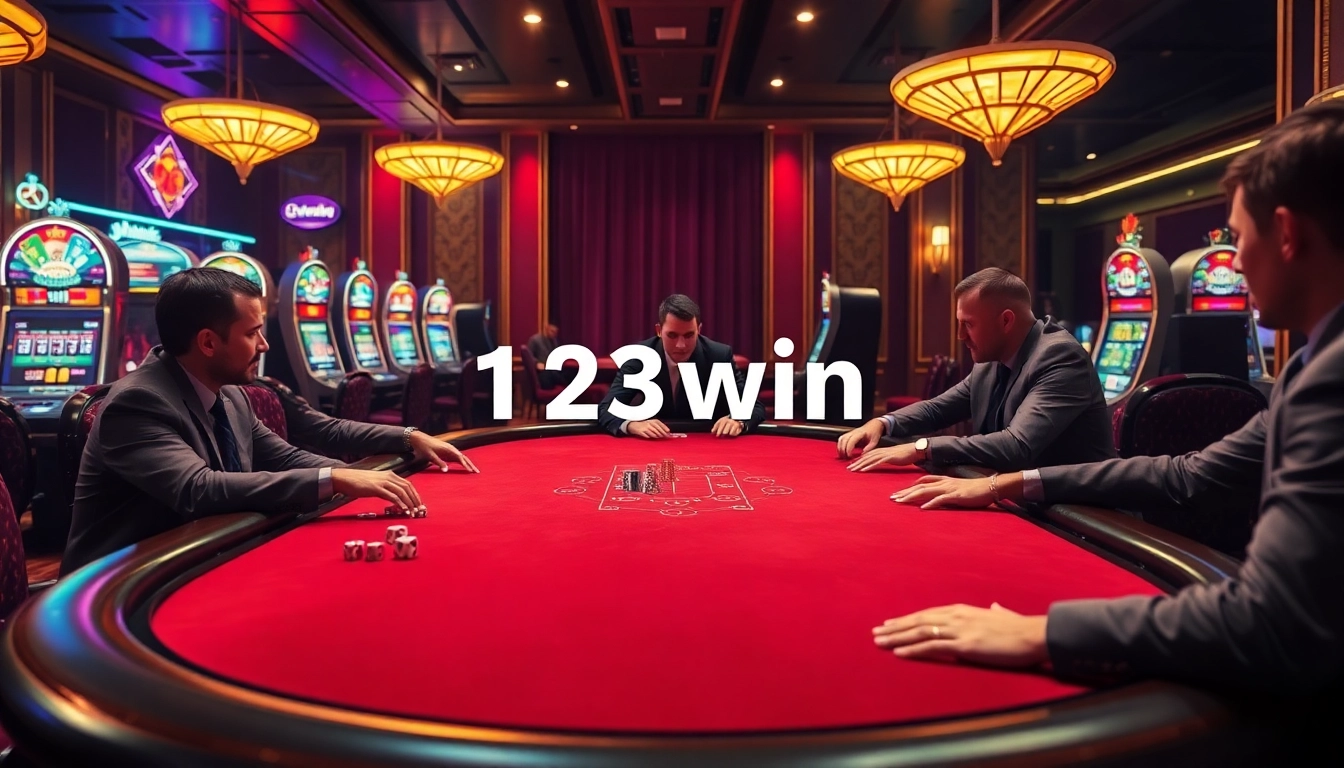 Players test their luck at 123win's exclusive poker table amidst a vibrant casino atmosphere.
