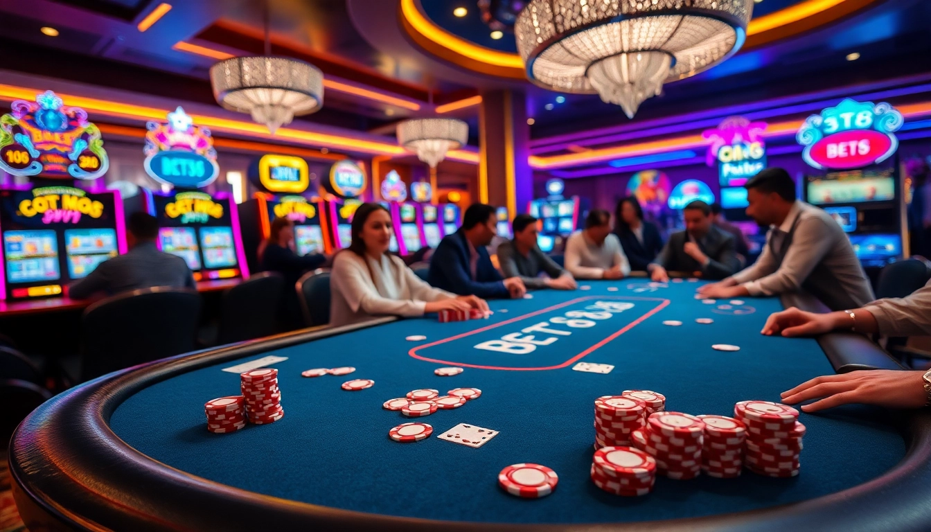 BET88 offers thrilling casino action with poker chips and vibrant slot machines.