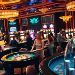 Engage with juragan77 at a luxurious casino featuring vibrant tables and glowing slot machines.