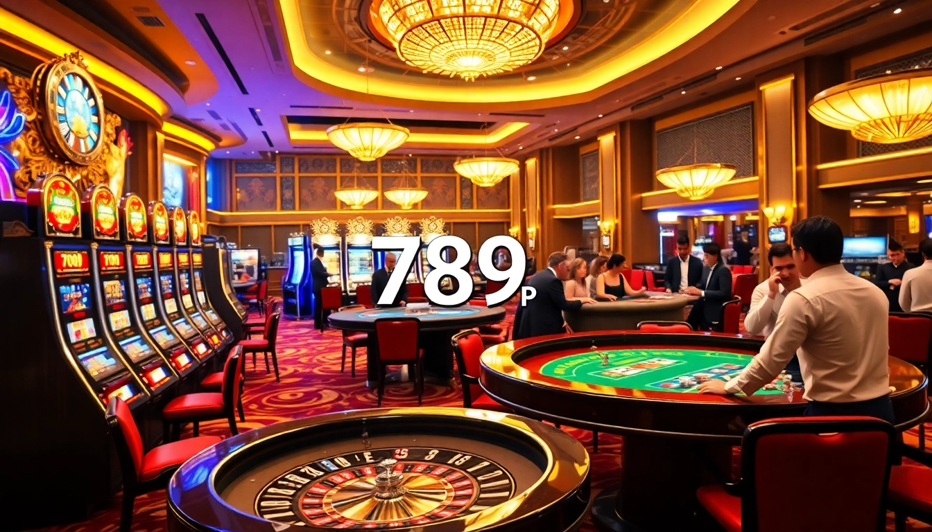 Players enjoying a vibrant casino experience with 789P, featuring slot machines and poker tables.