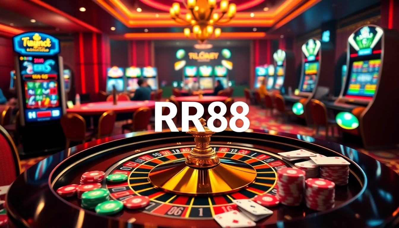 RR88 gaming experience with a vibrant roulette table and active players in a luxurious casino setting.
