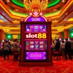 Players celebrating winnings at an elegant slot88 machine in a vibrant casino setting.