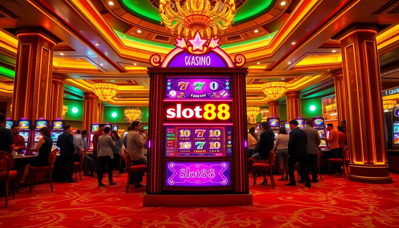 Players celebrating winnings at an elegant slot88 machine in a vibrant casino setting.