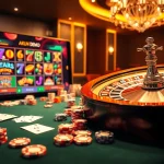 A thrilling scene showcasing akun demo on a sophisticated digital gambling setup with vibrant slot games and poker chips.