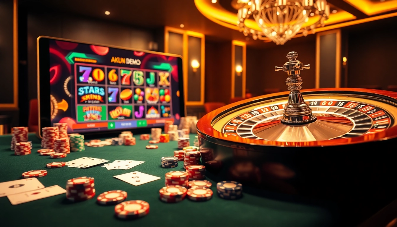 A thrilling scene showcasing akun demo on a sophisticated digital gambling setup with vibrant slot games and poker chips.