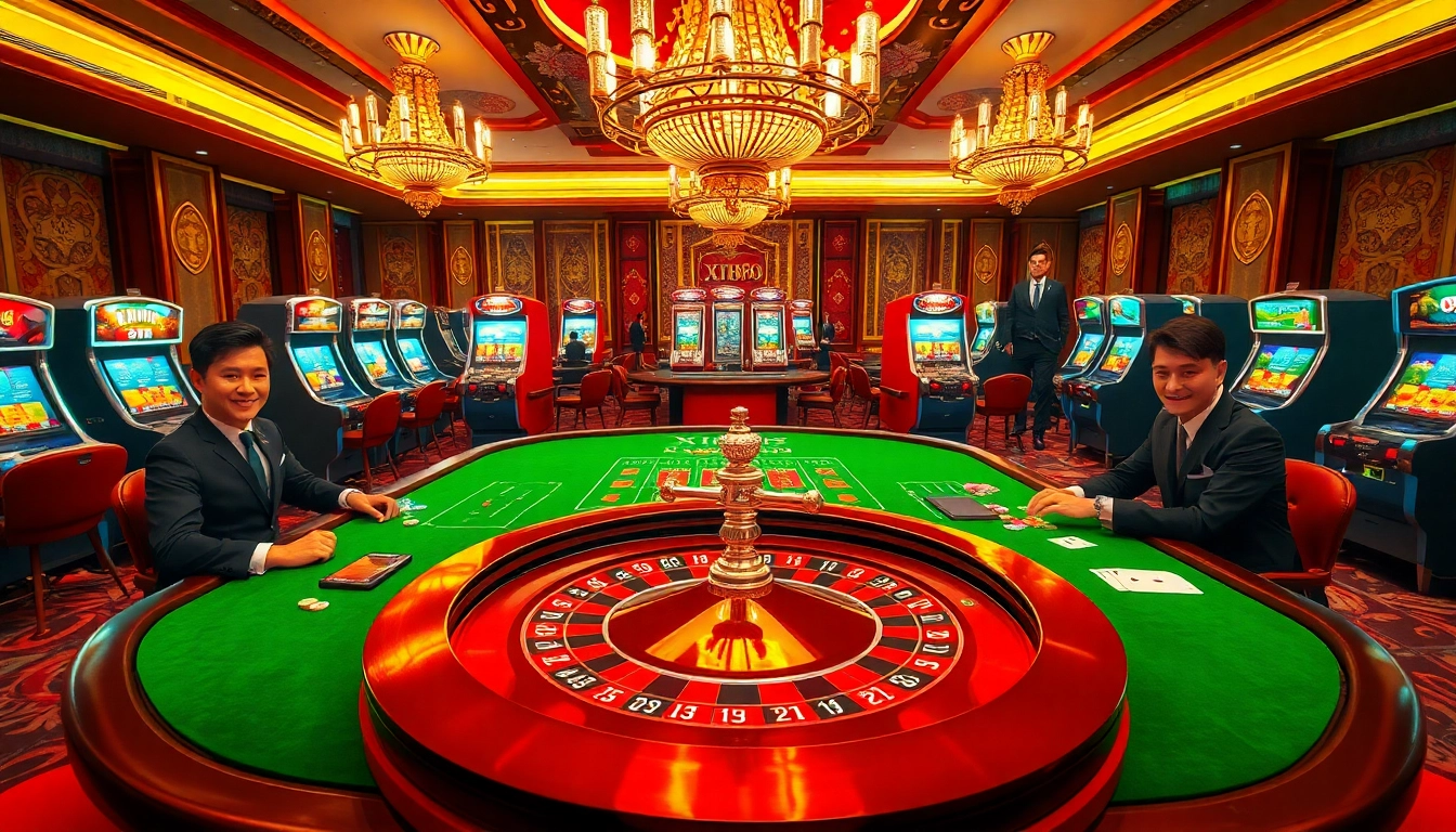 Xin88 players enjoying roulette and slot machines in a vibrant casino environment.