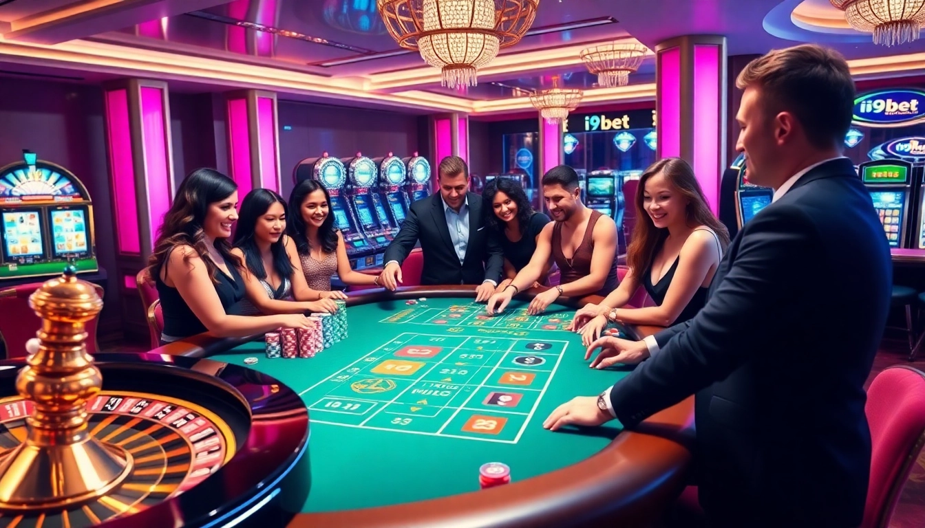 Players engaging in an exciting game at the i9bet casino table with vibrant lights and poker chips.