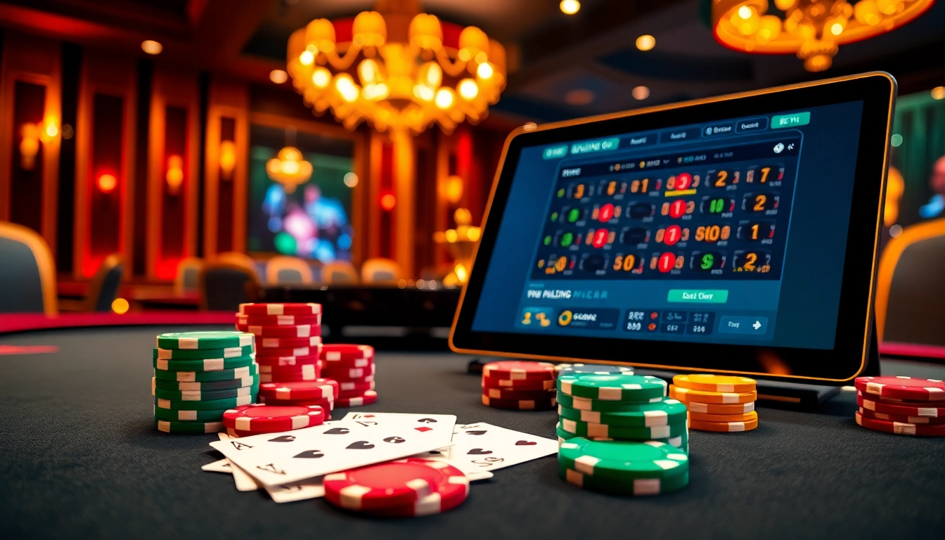Experience the thrill of online gambling at vn88, featuring poker tables and betting visuals.