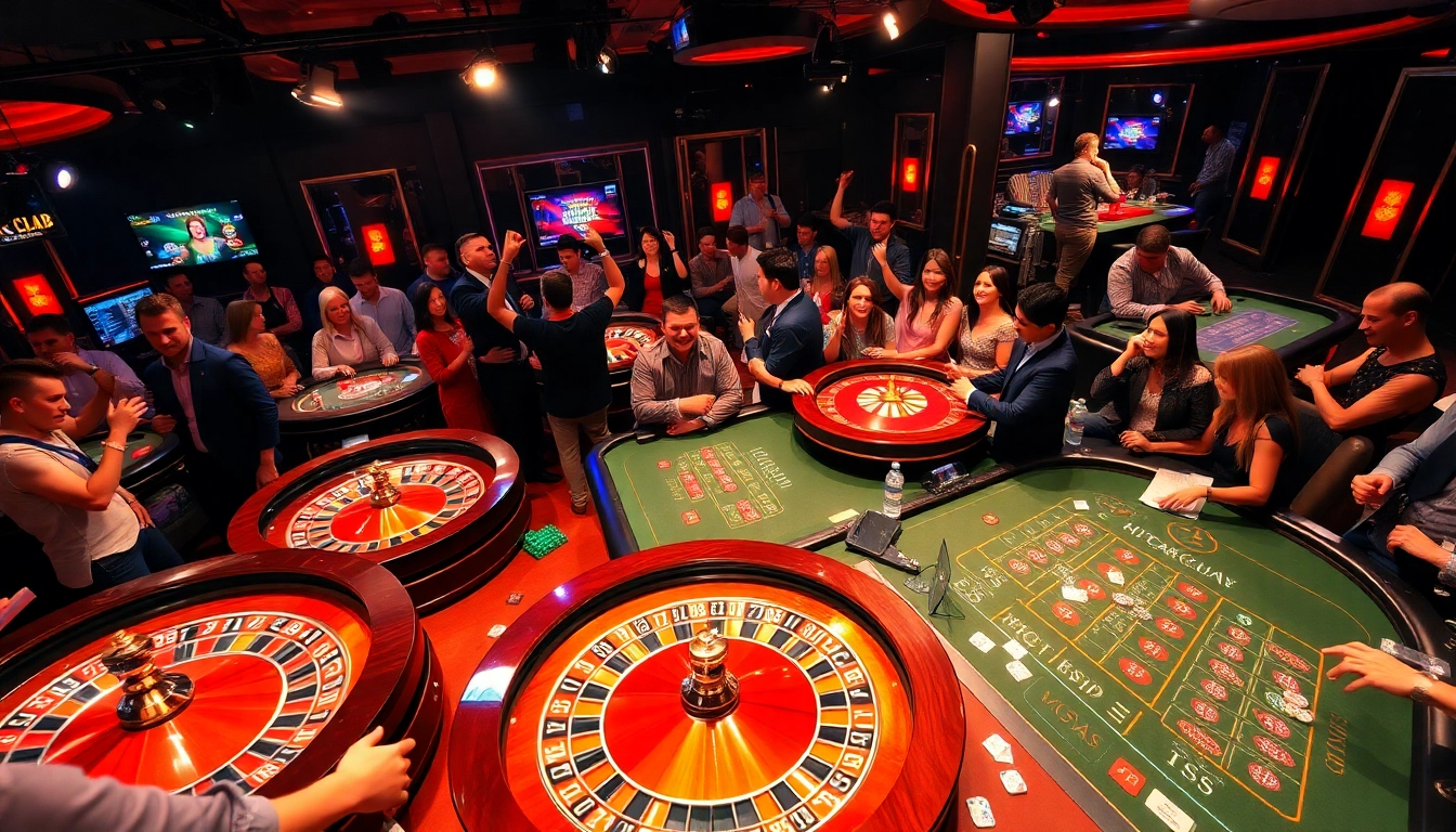 Engaged players celebrating wins at HITCLUB casino tables with vibrant lighting.