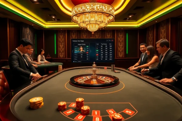 Tỷ lệ bóng đá nhà cái showcased on an elegant casino table with vibrant colors and dynamic betting atmosphere.