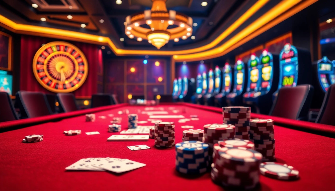 Exciting gaming experience at trang chủ go88 with vibrant tables, roulette wheel, and flashing slot machines.