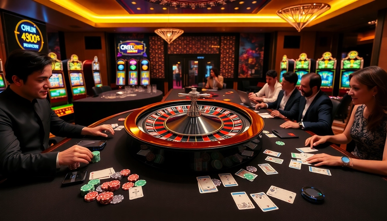 Engaging players at the qh88 casino table with cards and roulette, showcasing excitement and luxury.