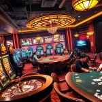 Exciting casino scene illustrating Tool xổ số siêu tốc with vibrant slot machines and poker action.