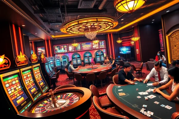 Exciting casino scene illustrating Tool xổ số siêu tốc with vibrant slot machines and poker action.