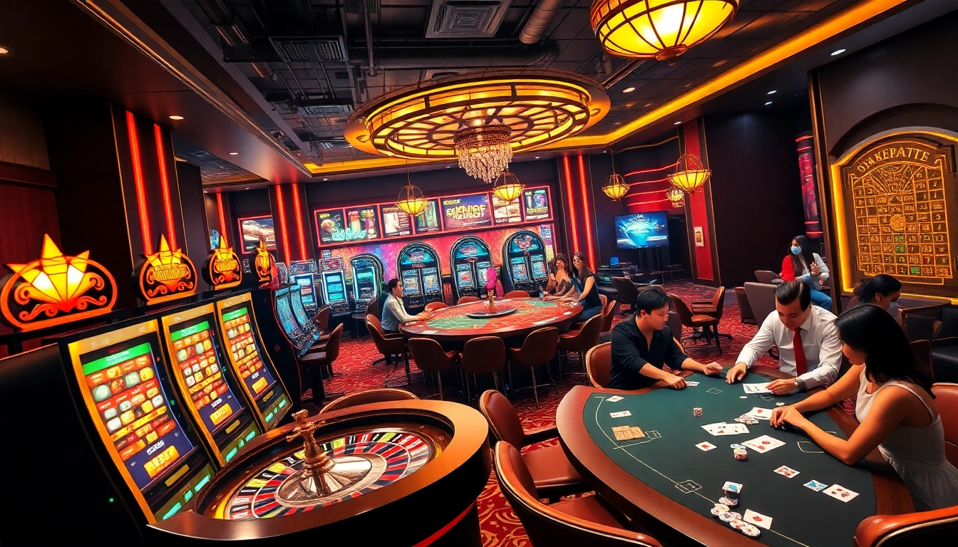 Exciting casino scene illustrating Tool xổ số siêu tốc with vibrant slot machines and poker action.