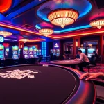 A dynamic scene showcasing excitement at Nhà Cái GO88 with players at a vibrant poker table and flashing slot machines.