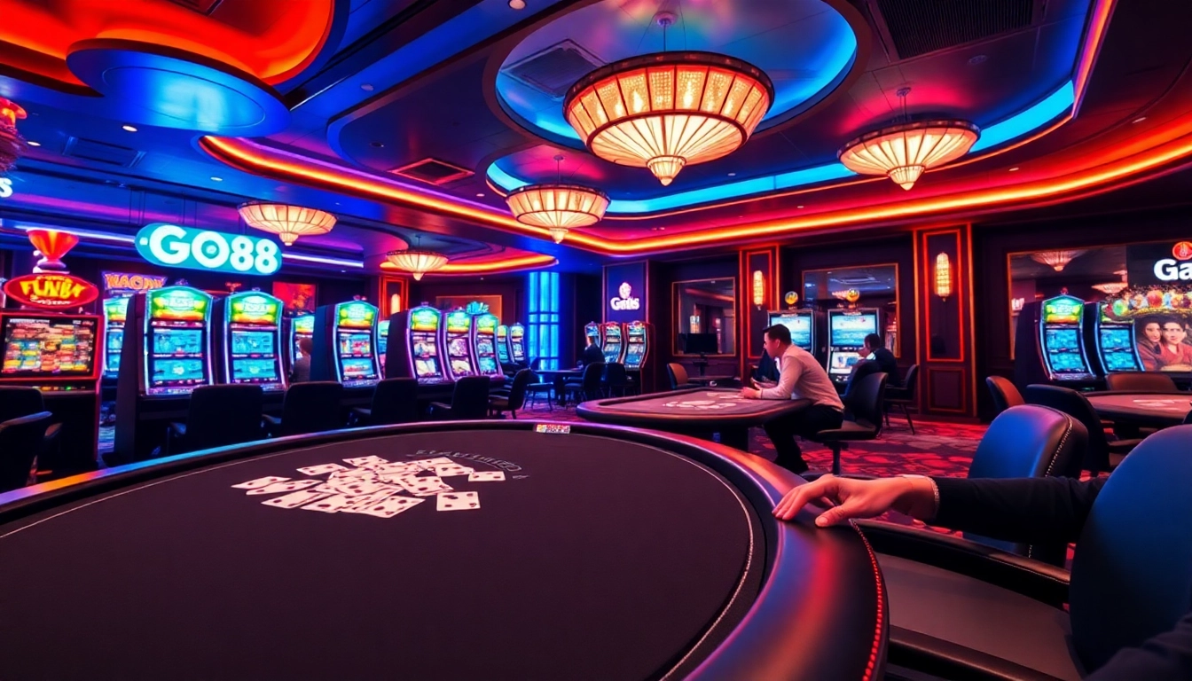 A dynamic scene showcasing excitement at Nhà Cái GO88 with players at a vibrant poker table and flashing slot machines.