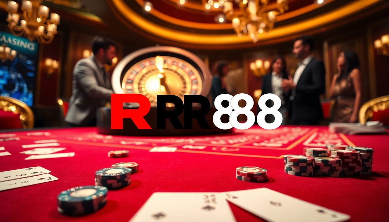 Players enjoying a thrilling moment at the RR88 casino table with cards and chips.