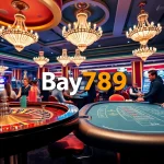 Experience the excitement of Bay789 at a luxurious casino table with vibrant chips and cards.