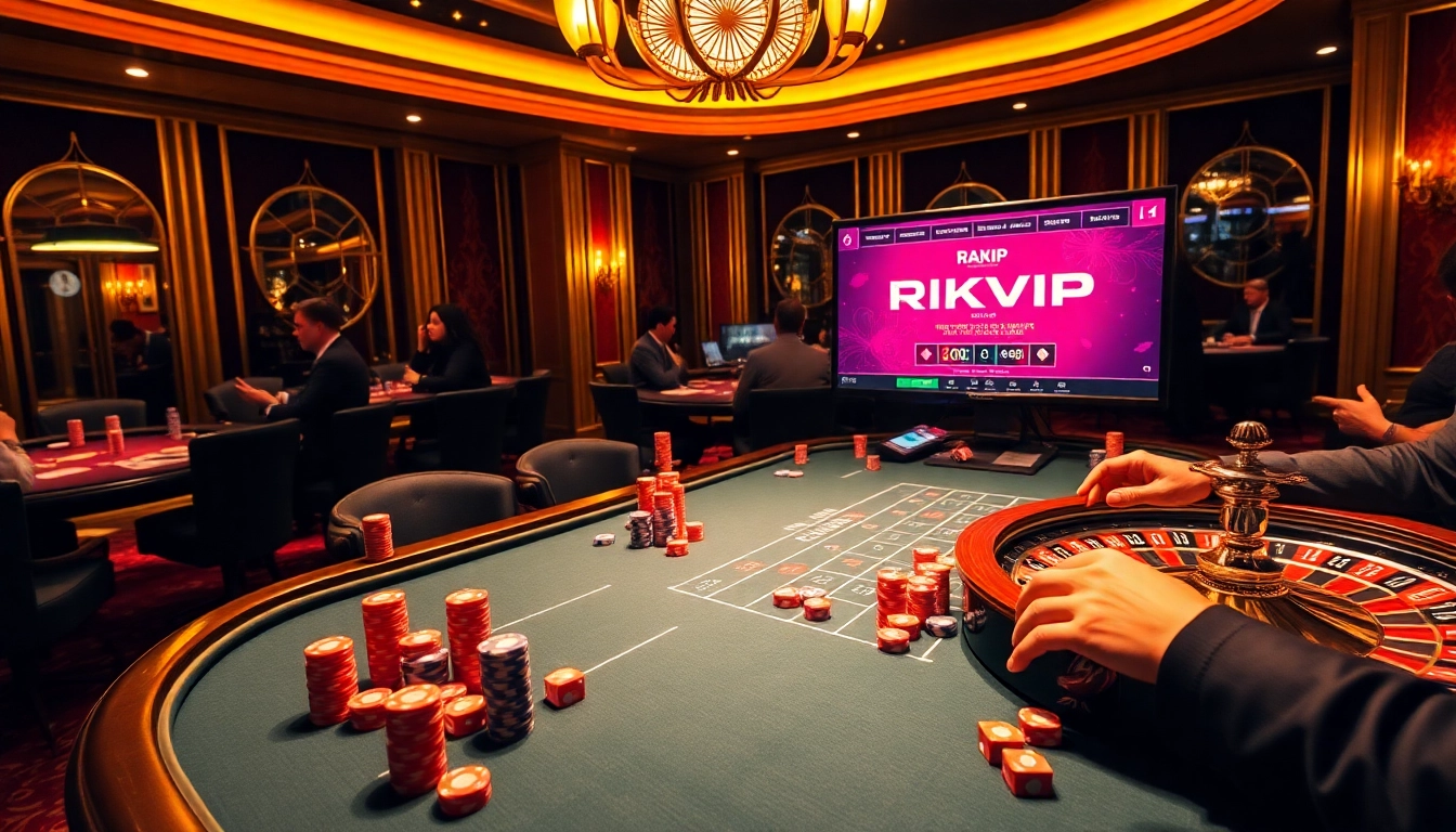 Experience high-stakes gaming at Rikvip with vibrant casino visuals featuring poker chips and roulette.