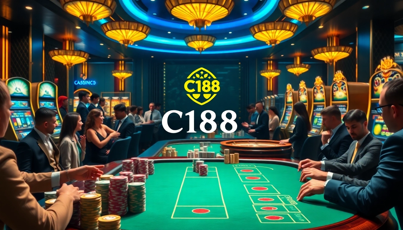 C168 casino scene with vibrant tables, roulette wheels, and exciting poker chips for an immersive experience.