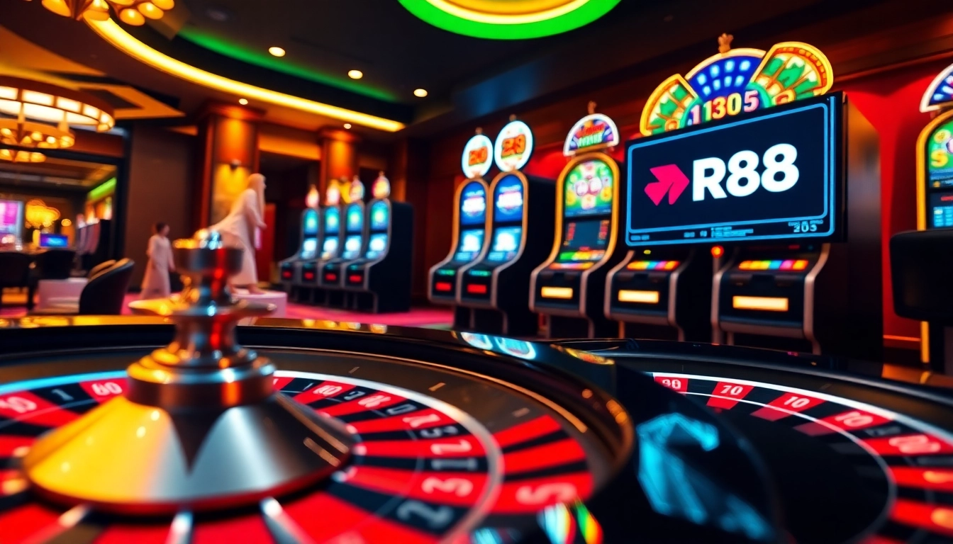 Experience the thrill of online gambling with RR88 featuring sleek roulette and vibrant poker chips.