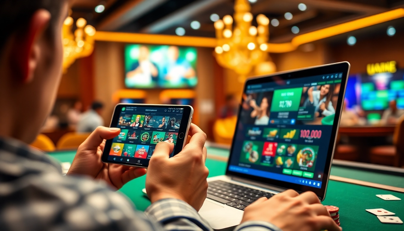 Engaging scene of https://co88.london/, featuring a user on mobile and laptop enjoying casino games.