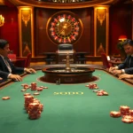 SODO casino scene with excited players at a poker table and vibrant roulette wheel, depicting luxury and thrill.