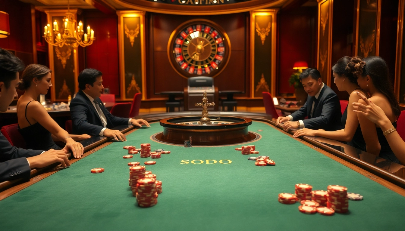 SODO casino scene with excited players at a poker table and vibrant roulette wheel, depicting luxury and thrill.