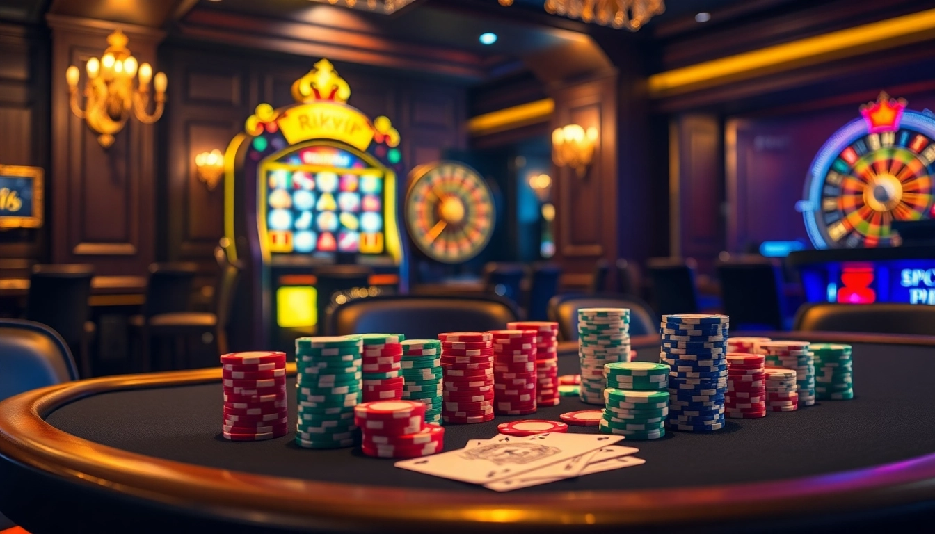 Engage in dynamic gaming at Rikvip's luxurious casino tables, featuring vibrant poker chips and classic roulette.