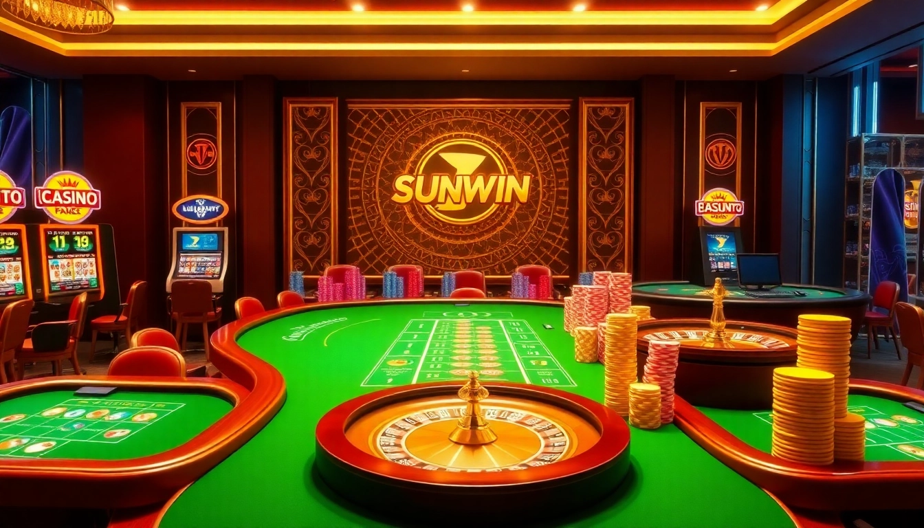 Engage with tai sunwin in a vibrant casino scene showcasing exciting table games and slots.