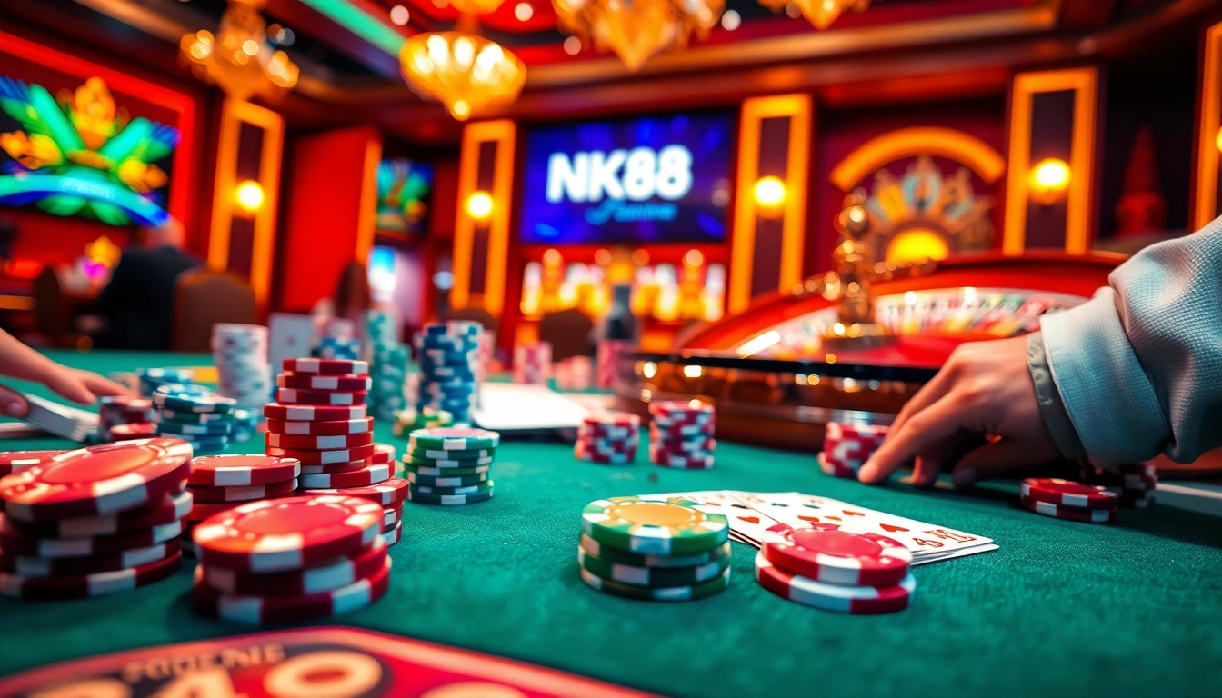 Engaging gameplay at https://nk88zz.bio/ highlighting poker action with vibrant chips and cards.